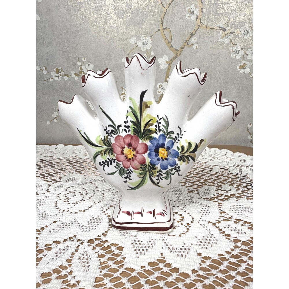 Hand Painted Portuguese Ceramic 5 Finger Tulip Finger Vase Floral Pottery VTG